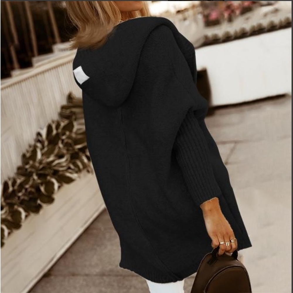 Black Hooded Women's Open Cardigan Sweater